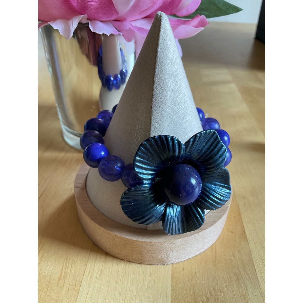 Cobalt Blue Floral Beaded Stretch Bracelet Iridescent Flower Statement Jewelry